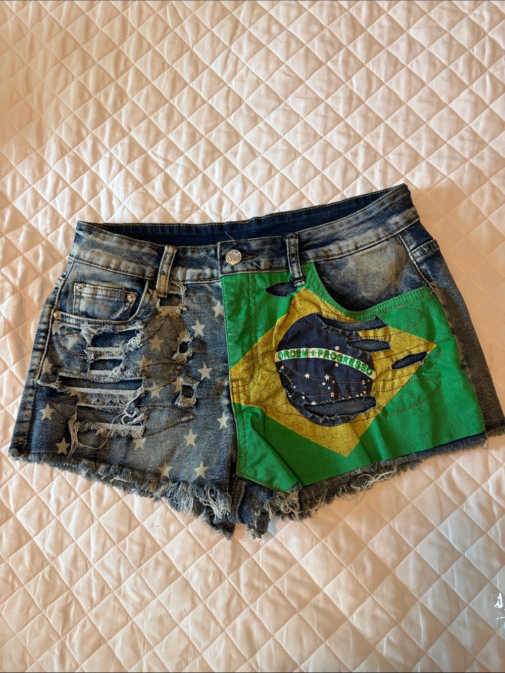 Distressed Denim Shorts with Brazilian Flag Patch